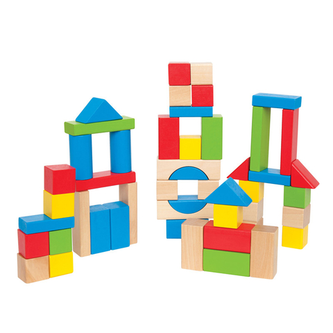 Maple Wood Kids Building Blocks by Hape | Stacking Wooden Block Educational Toy Set for Toddlers, 50 Brightly Colored Pieces in Assorted Shapes And Sizes