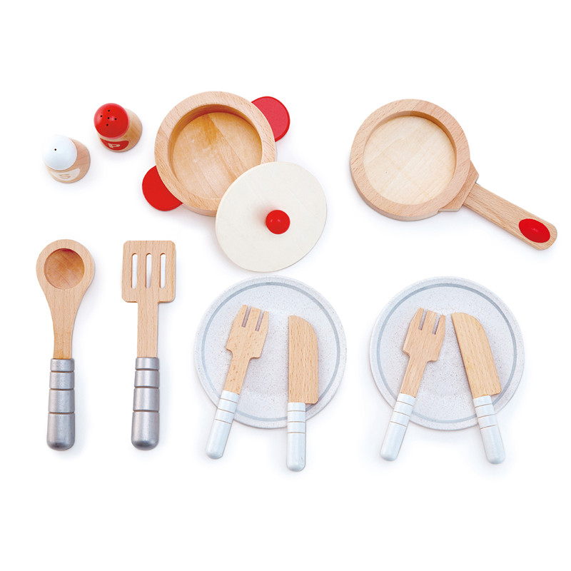 Hape Cook & Serve Set | 13 Piece Wooden Pretend Play Cooking Set With Accessories