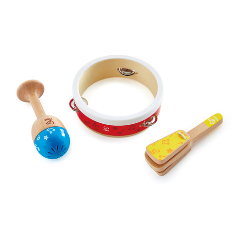 Hape Junior Percussion Set | 3 Piece Wooden Percussion Instrument Set for Toddlers 