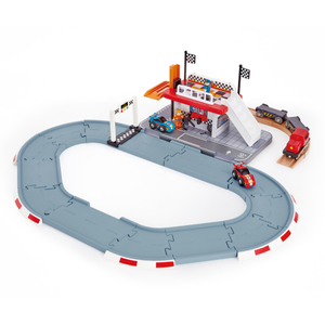 Hape Race Track Station | Wooden Realistic Kids Race Track Toy with Two Race Cars, Carriages & Repair Station