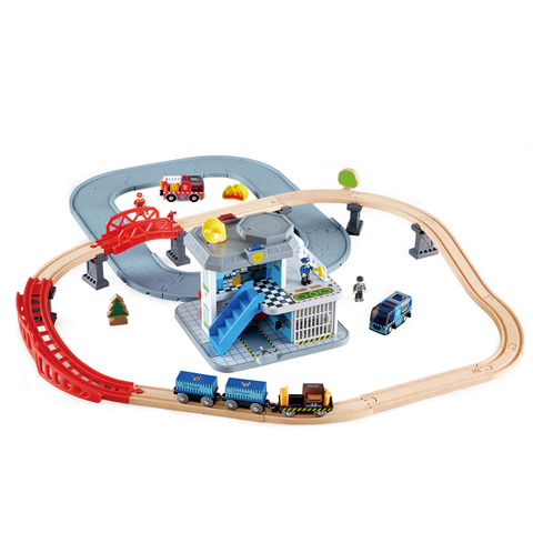 Hape Emergency Services HQ | 2-In-1 Police And Fire Station Complete Play Set with Vehicles And Action Figures 