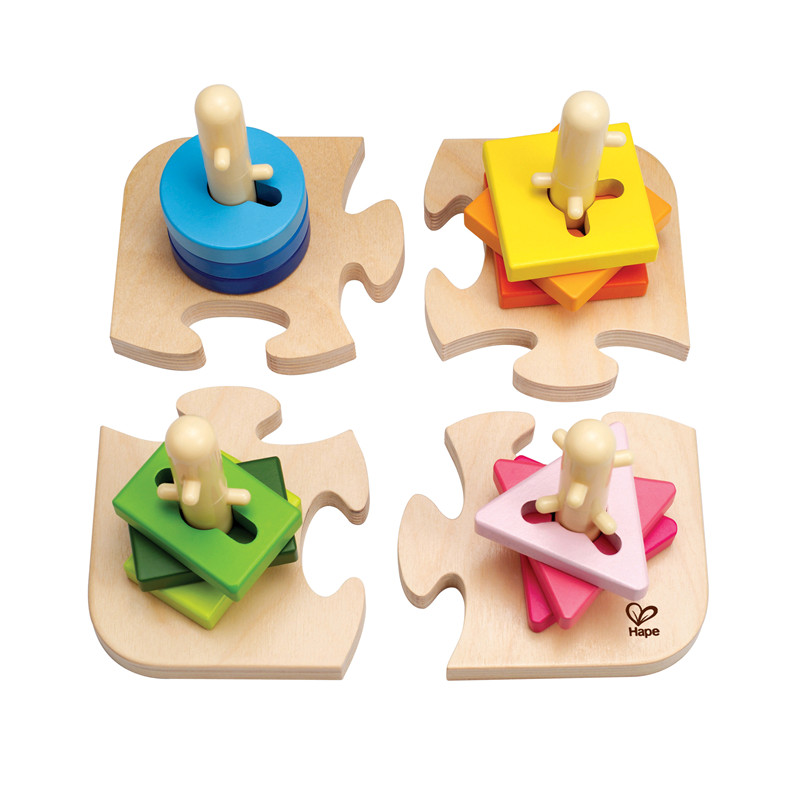 Creative Peg Puzzle by Hape | Wooden Stacker Peg Problem Solving Puzzle for Toddlers, Stacking Toy with Different Grooved Shapes, Pegged Posts And Bright Colours