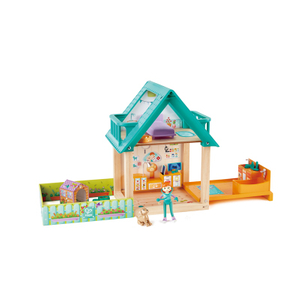 Hape Furry Friend Vet Set | 30 Piece Wooden Veterinary Fully Furnished Dolls House Pretend Playset with Animals and Accessories for Kids 
