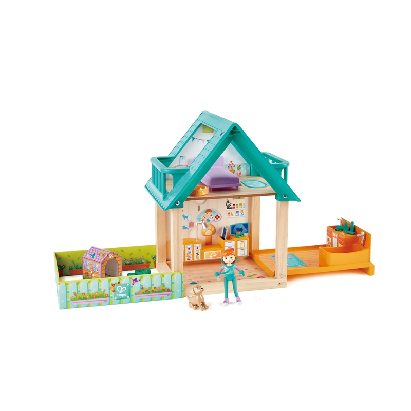 Hape Furry Friend Vet Set | 30 Piece Wooden Veterinary Fully Furnished Dolls House Pretend Playset with Animals and Accessories for Kids 