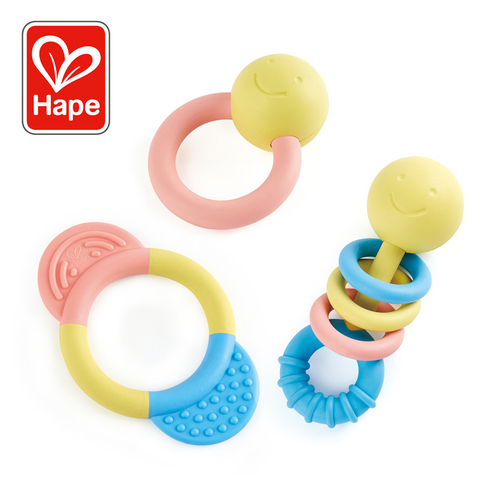 Hape Rattle & Teether Collection | 3-Piece Rattle & Teething Set For Babies, Soft Colors