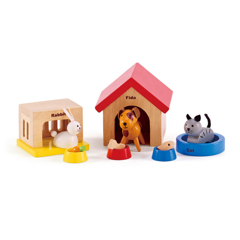 Family Pets Wooden Dollhouse Animal Set by Hape | Complete Your Wooden Dolls House with Happy Dog, Cat, Bunny Pet Set with Complimentary Houses And Food Bowls