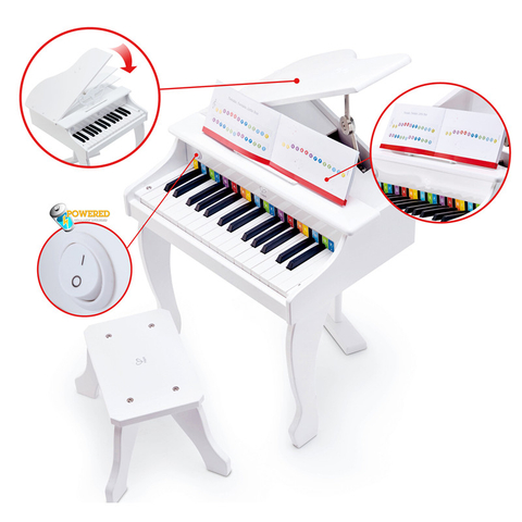 Hape Deluxe White Grand Piano | Thirty Key Piano Toy with Stool