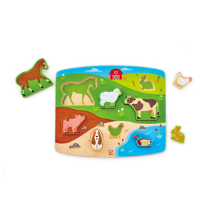 Hape Farm Animal Puzzle | Multi-Color Farmyard Wooden Jigsaw Puzzle Toy with Horse, Sheep, Cow, Rabbit, Pig, Chicken And Duck 